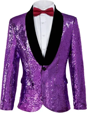 Men's Shiny Sequin Blazer Sparkle Metallic Tuxedo Jacket Party Prom Wedding One Button Jacket