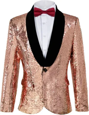 Men's Shiny Sequin Blazer Sparkle Metallic Tuxedo Jacket Party Prom Wedding One Button Jacket
