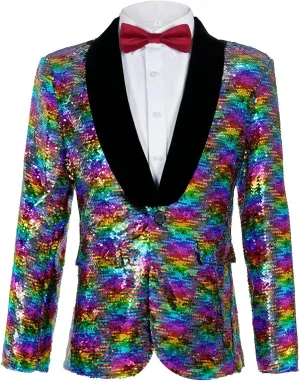 Men's Shiny Sequin Blazer Sparkle Metallic Tuxedo Jacket Party Prom Wedding One Button Jacket
