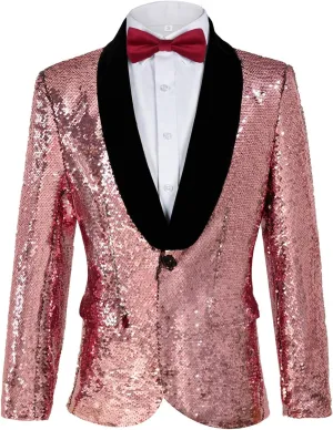 Men's Shiny Sequin Blazer Sparkle Metallic Tuxedo Jacket Party Prom Wedding One Button Jacket