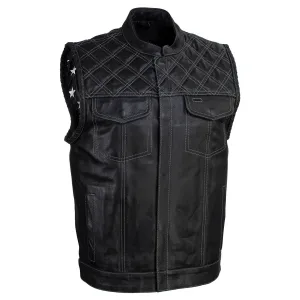 Milwaukee Leather LKM3784 Men's Classic Black Leather Motorcycle Rider Vest Stars and Stripes Design w/ USA Flag Liner