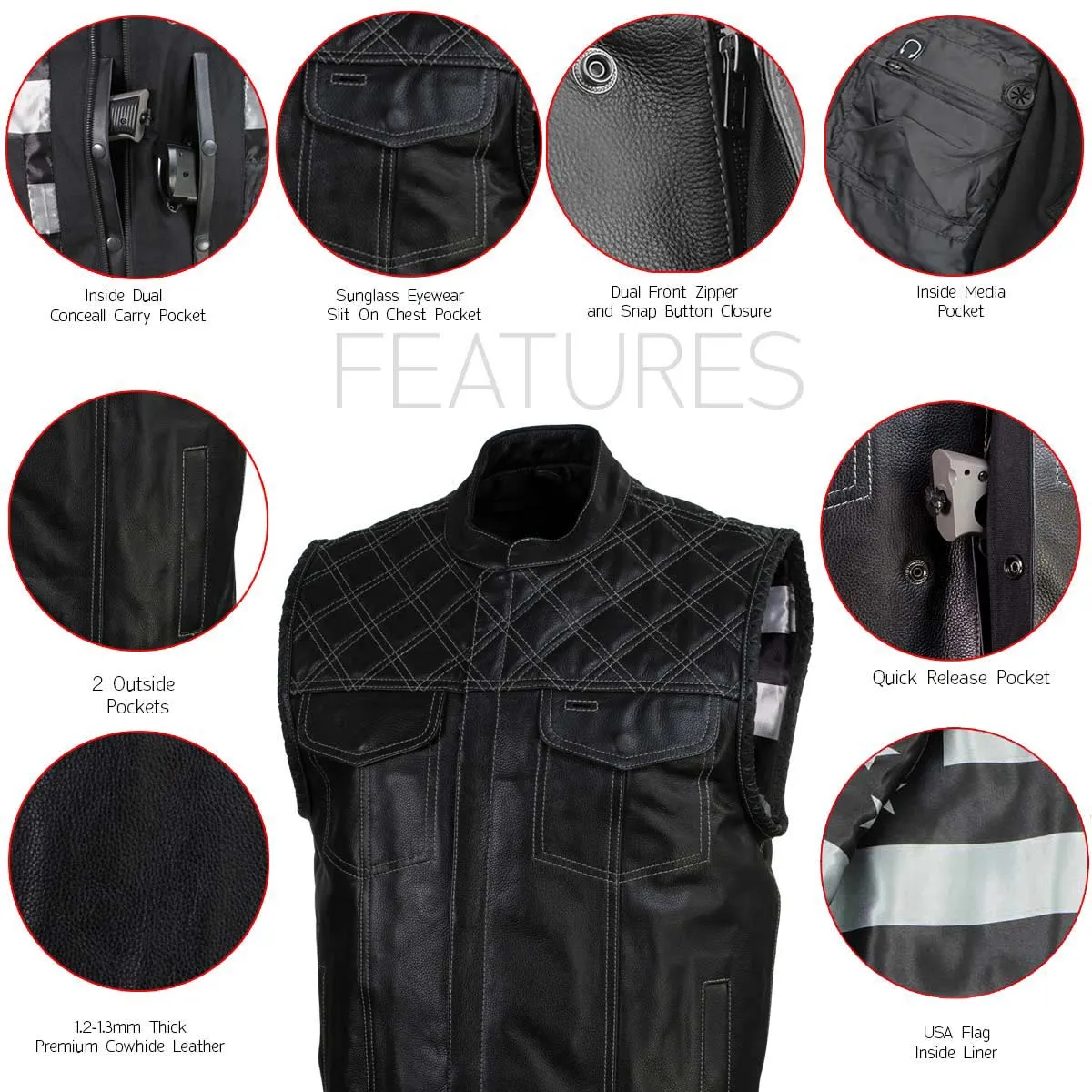 Milwaukee Leather LKM3784 Men's Classic Black Leather Motorcycle Rider Vest Stars and Stripes Design w/ USA Flag Liner