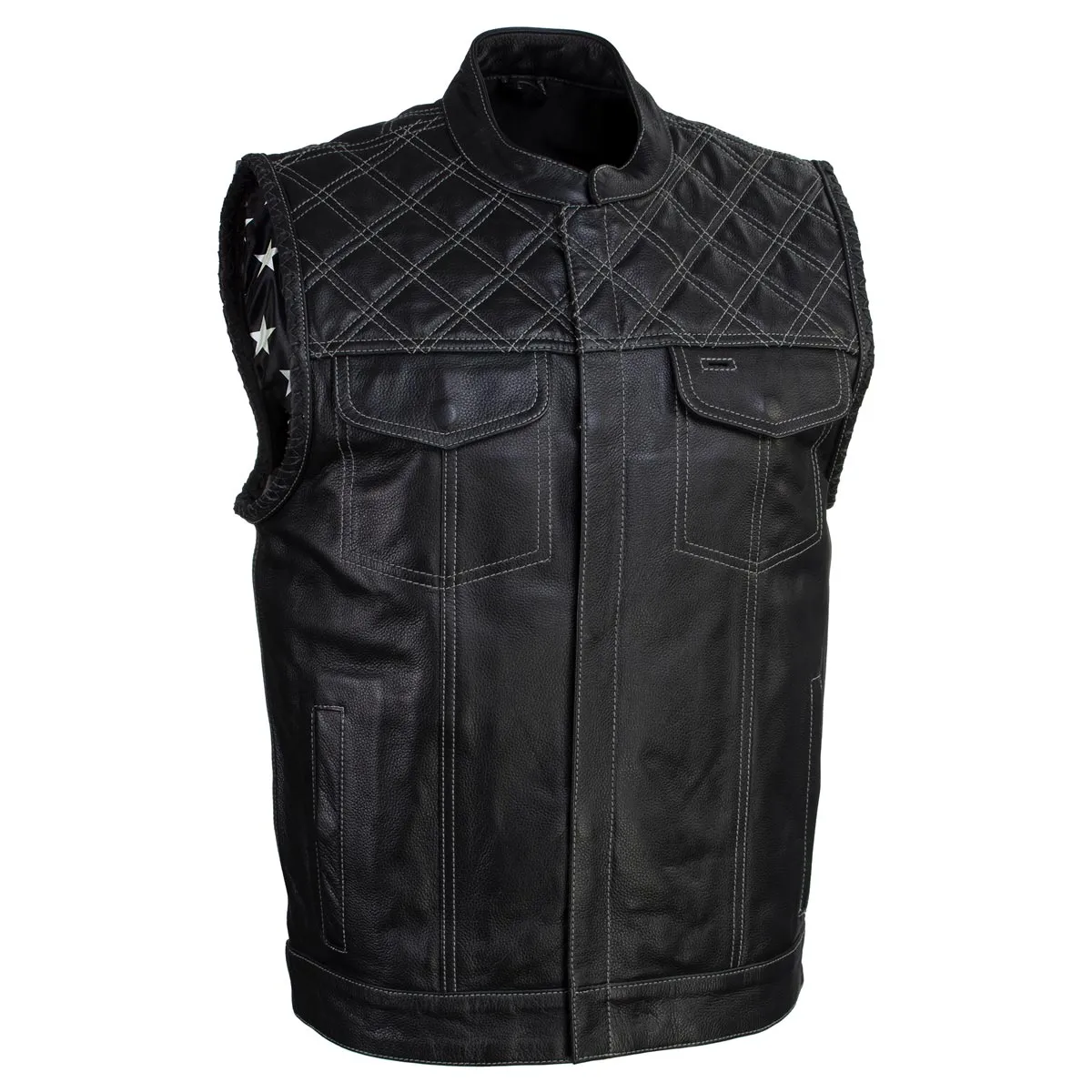 Milwaukee Leather LKM3784 Men's Classic Black Leather Motorcycle Rider Vest Stars and Stripes Design w/ USA Flag Liner