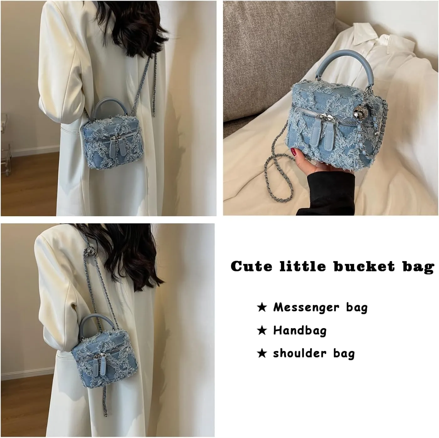 Mini Denim Bucket Bag Quilted Crossbody Hobo Shoulder Tote with Chain Strap