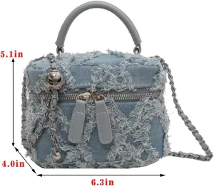 Mini Denim Bucket Bag Quilted Crossbody Hobo Shoulder Tote with Chain Strap