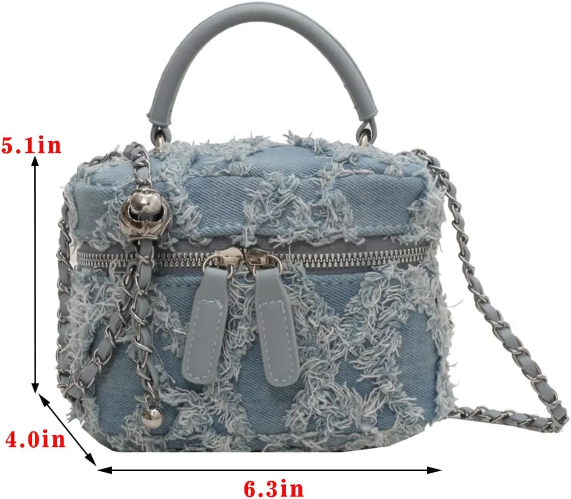 Mini Denim Bucket Bag Quilted Crossbody Hobo Shoulder Tote with Chain Strap