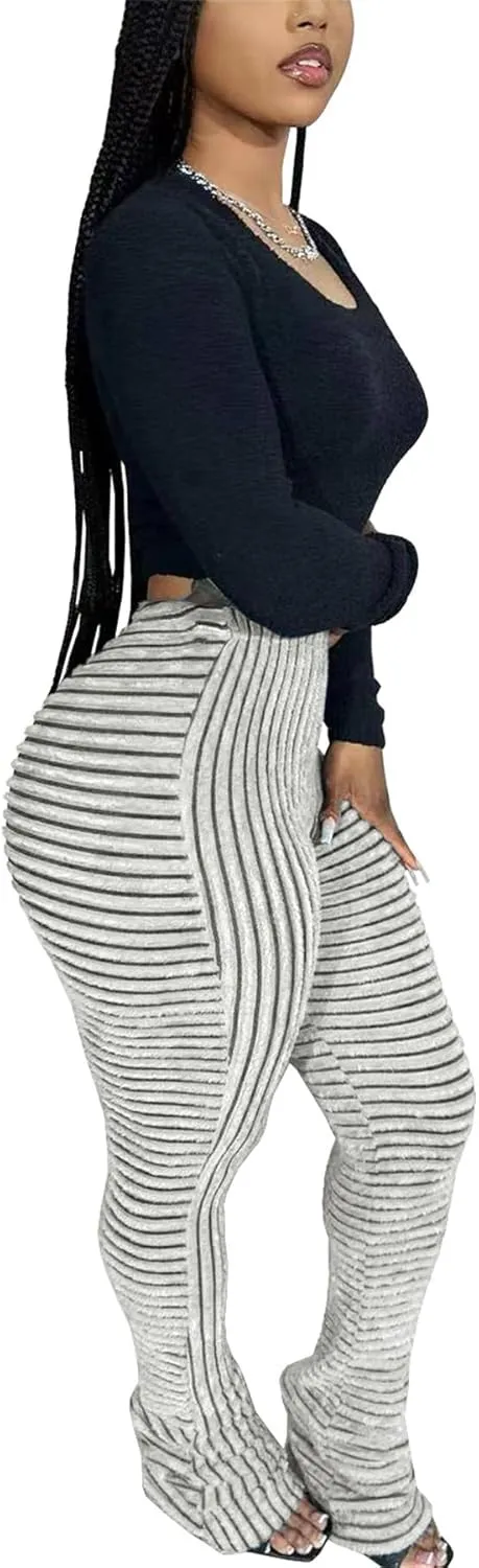 Molisry Women's Stacked Leggings Pants Trendy Fuzzy High Waist Slim Fit Fringe Flared Sweatpants Fall 2024