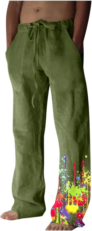 Muscularfit Cotton Pants for Men 2023 Casual Loose Drawstring Elastic Waist Solid Trousers Fashion Print Straight Legs Pocket