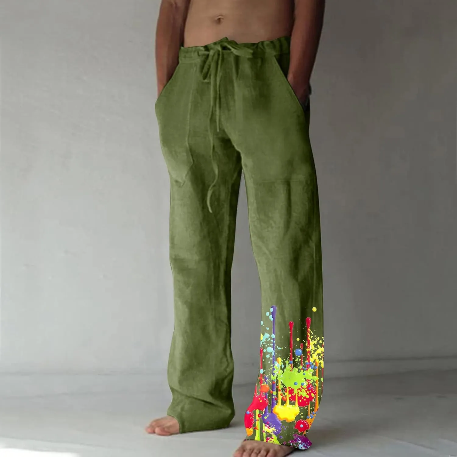 Muscularfit Cotton Pants for Men 2023 Casual Loose Drawstring Elastic Waist Solid Trousers Fashion Print Straight Legs Pocket