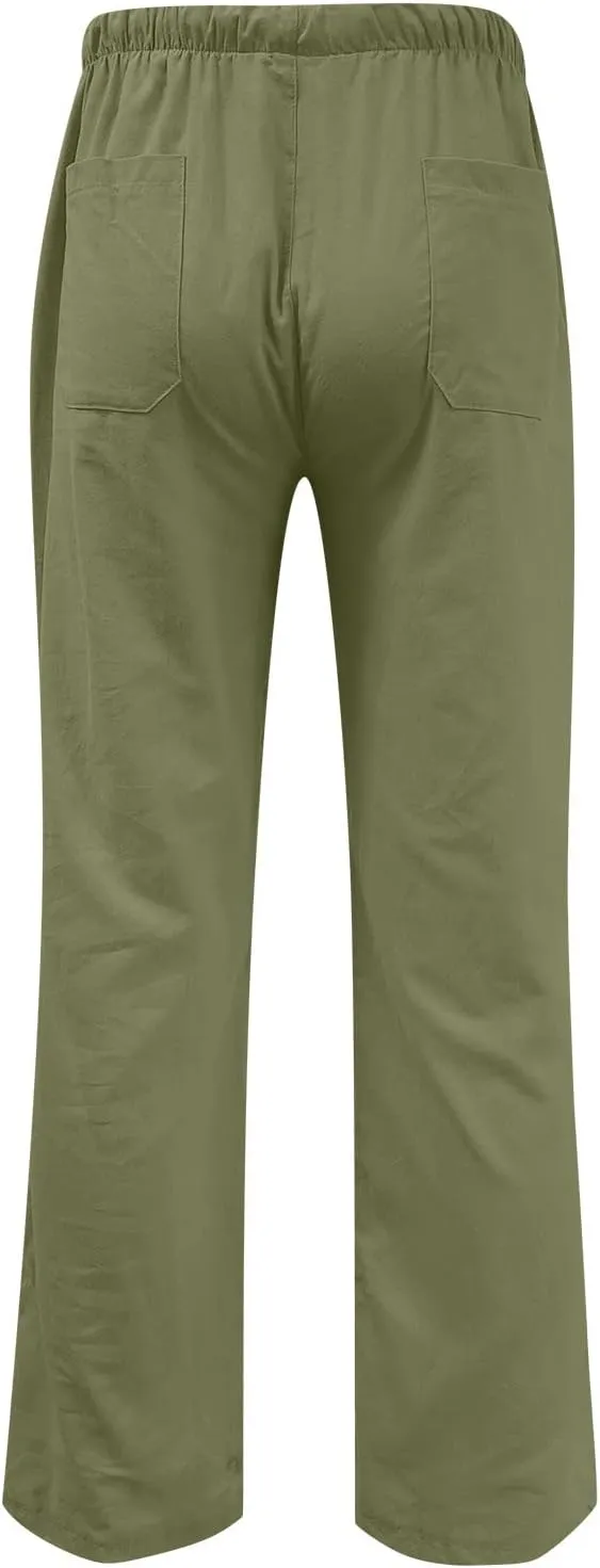 Muscularfit Mens Linen Pants Casual Loose Funny Print Drawstring Elastic Waist Cotton Pant Lounge Solid Straight Legs Trouser