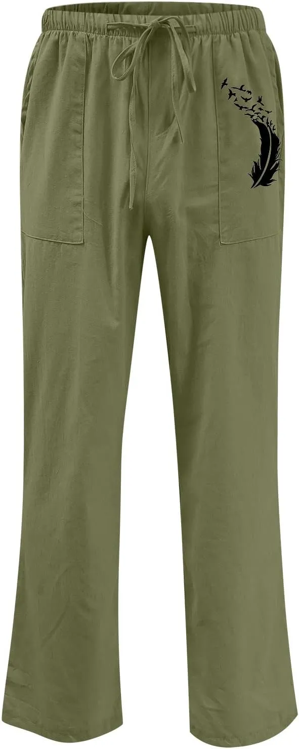 Muscularfit Mens Linen Pants Casual Loose Funny Print Drawstring Elastic Waist Cotton Pant Lounge Solid Straight Legs Trouser