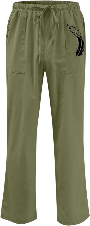 Muscularfit Mens Linen Pants Casual Loose Funny Print Drawstring Elastic Waist Cotton Pant Lounge Solid Straight Legs Trouser