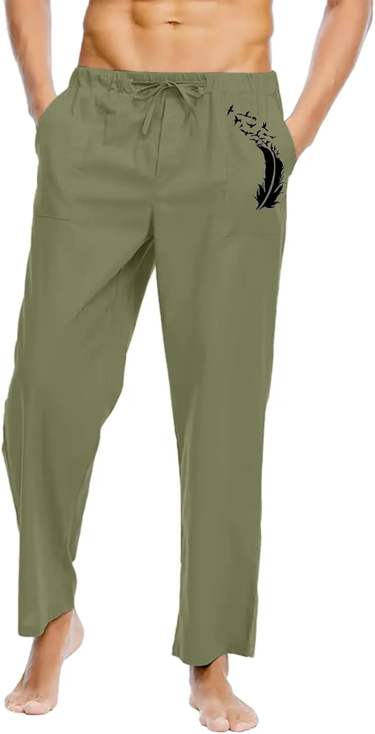 Muscularfit Mens Linen Pants Casual Loose Funny Print Drawstring Elastic Waist Cotton Pant Lounge Solid Straight Legs Trouser