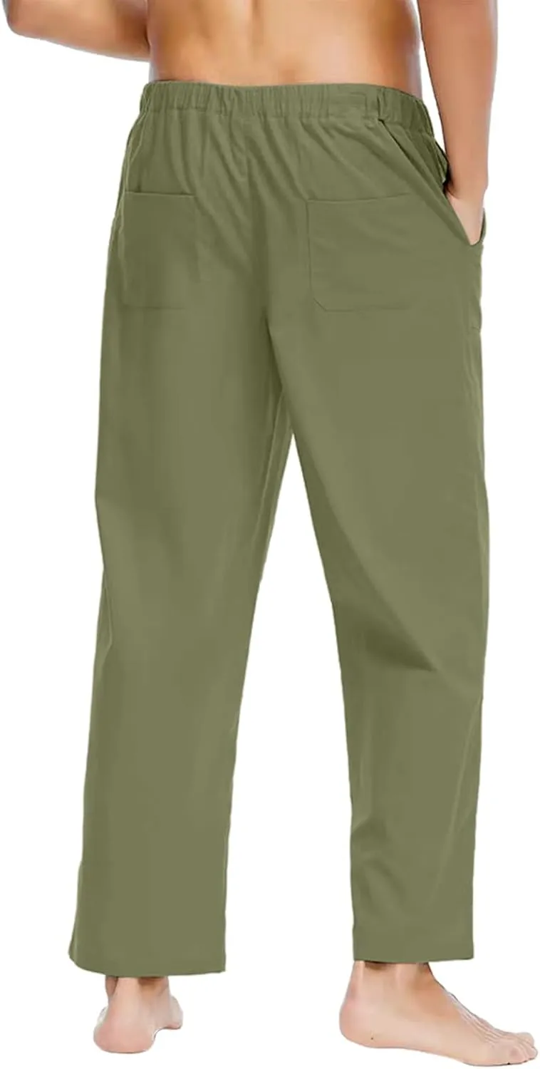 Muscularfit Mens Linen Pants Casual Loose Funny Print Drawstring Elastic Waist Cotton Pant Lounge Solid Straight Legs Trouser