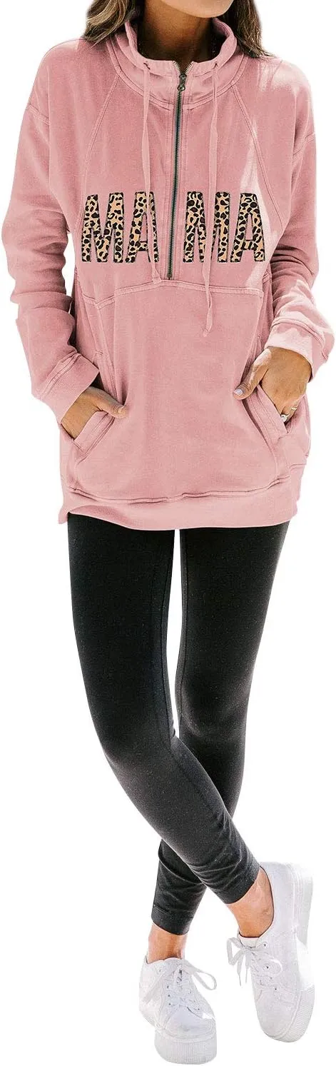 MYMORE Women's Casual Long Sleeve Lapel Half Zip Up Sweatshirts Drawstring Solid Loose Fit Pullover Tops