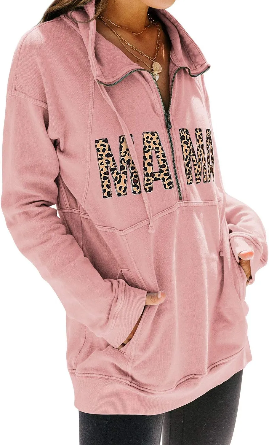 MYMORE Women's Casual Long Sleeve Lapel Half Zip Up Sweatshirts Drawstring Solid Loose Fit Pullover Tops