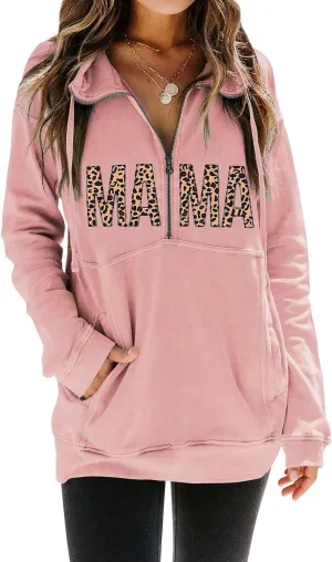 MYMORE Women's Casual Long Sleeve Lapel Half Zip Up Sweatshirts Drawstring Solid Loose Fit Pullover Tops
