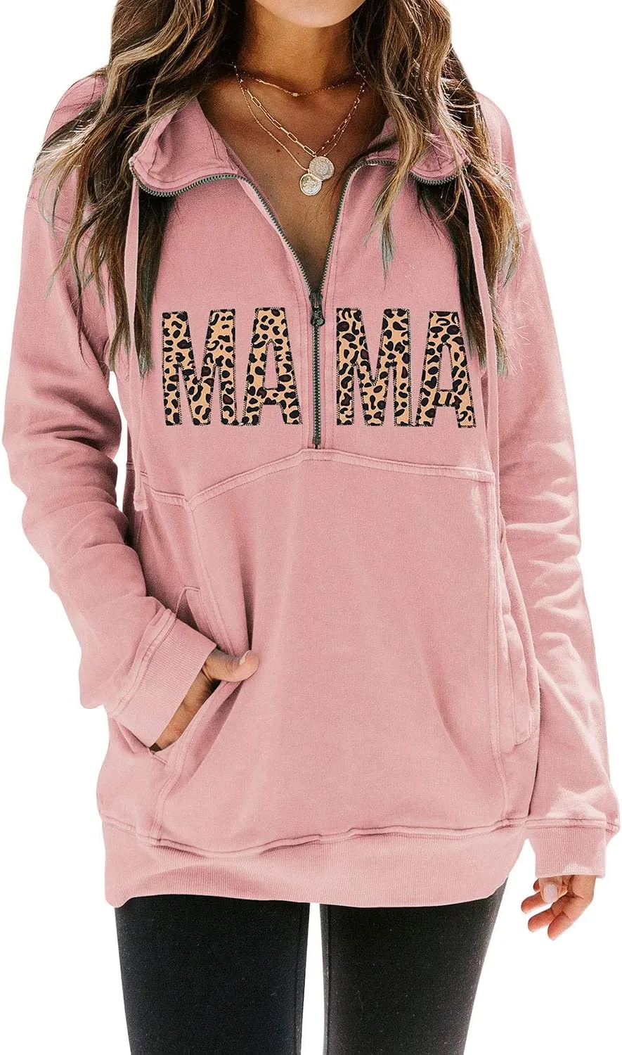 MYMORE Women's Casual Long Sleeve Lapel Half Zip Up Sweatshirts Drawstring Solid Loose Fit Pullover Tops