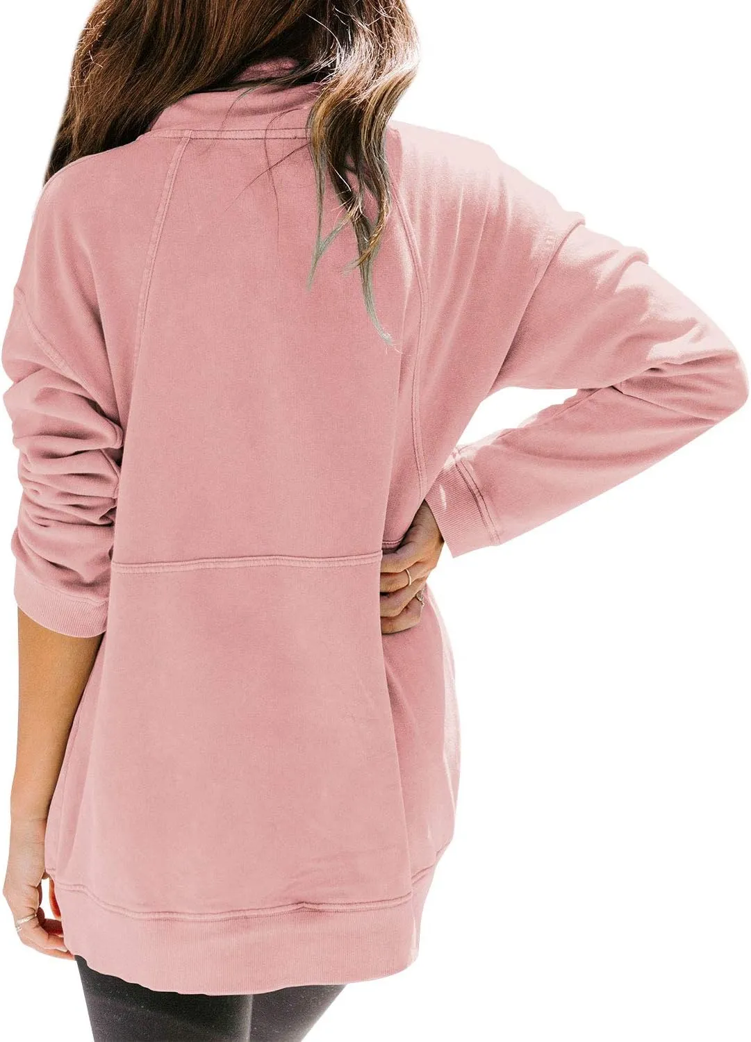 MYMORE Women's Casual Long Sleeve Lapel Half Zip Up Sweatshirts Drawstring Solid Loose Fit Pullover Tops