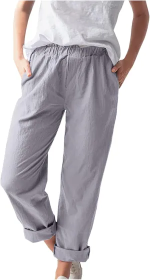 niuwa Cotton Linen Trousers for Women Elastic Waist Solid Color Casual Pants with Pockets Summer Boho Pants (Gray, 2XL)
