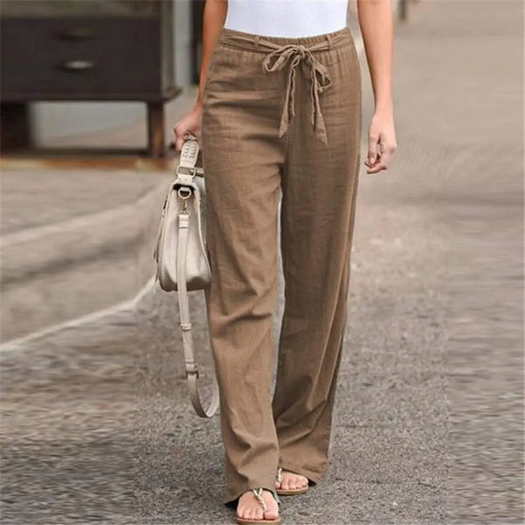 niuwa Women Cotton Linen Trousers Summer Solid Color Wide Leg Pants Elastic Waist Loose Lounge Pants Sweatpants