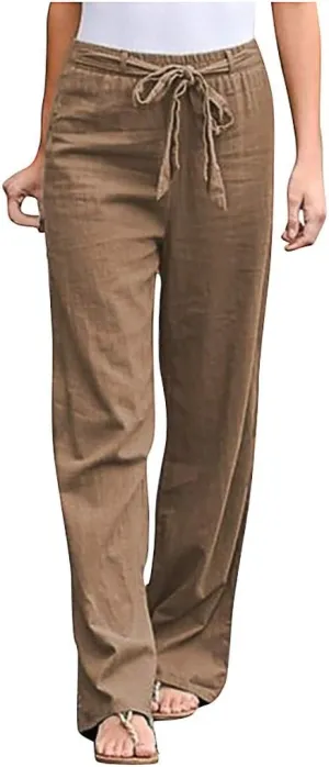 niuwa Women Cotton Linen Trousers Summer Solid Color Wide Leg Pants Elastic Waist Loose Lounge Pants Sweatpants