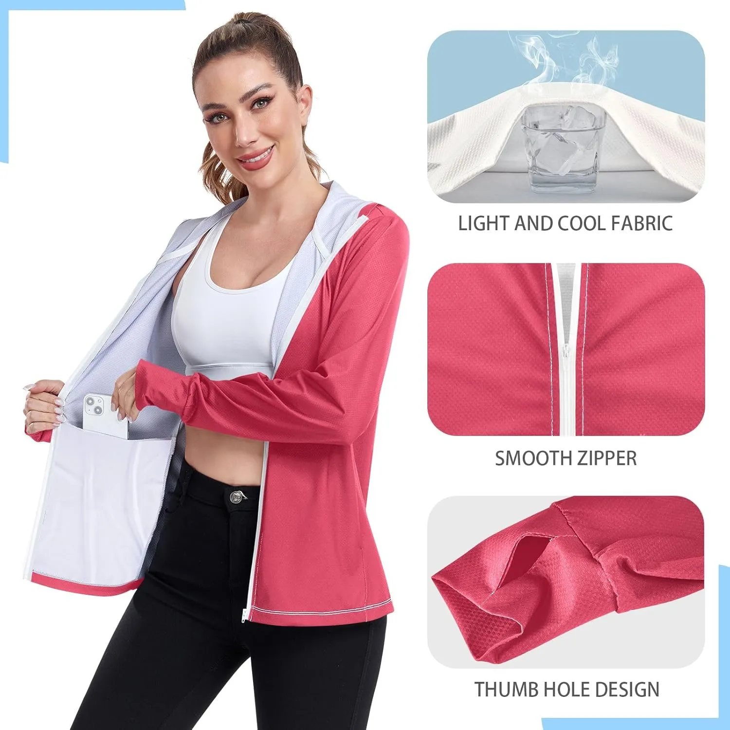 ODAWA Ruby Womens Upf Hoodie Upf 50 Sun Protection Shirt Long Sleeve Women's Hoodie Zip Front Rash Guard