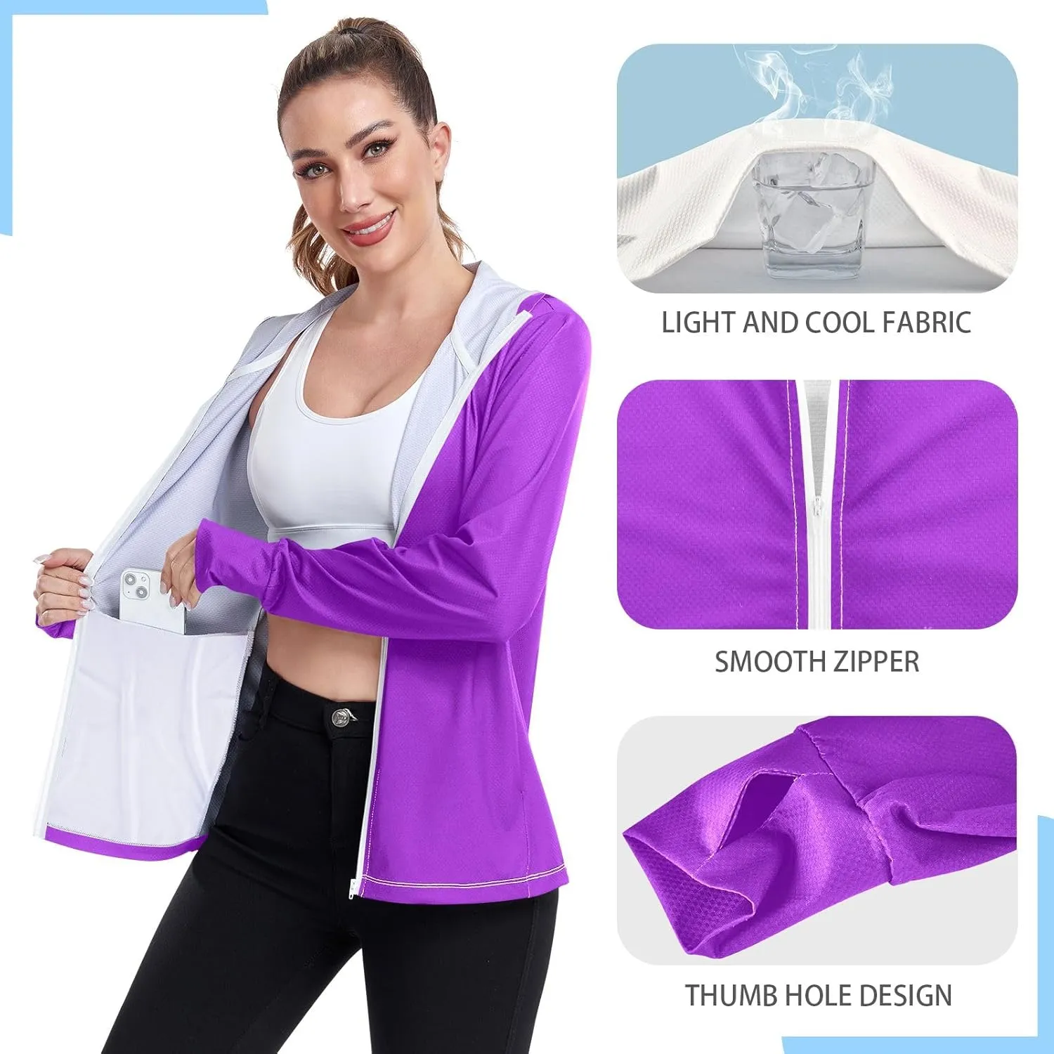 ODAWA Ruby Womens Upf Hoodie Upf 50 Sun Protection Shirt Long Sleeve Women's Hoodie Zip Front Rash Guard