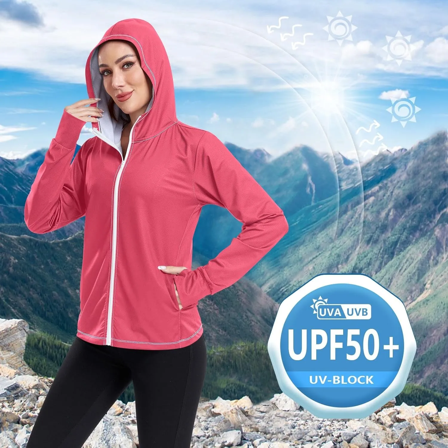 ODAWA Ruby Womens Upf Hoodie Upf 50 Sun Protection Shirt Long Sleeve Women's Hoodie Zip Front Rash Guard