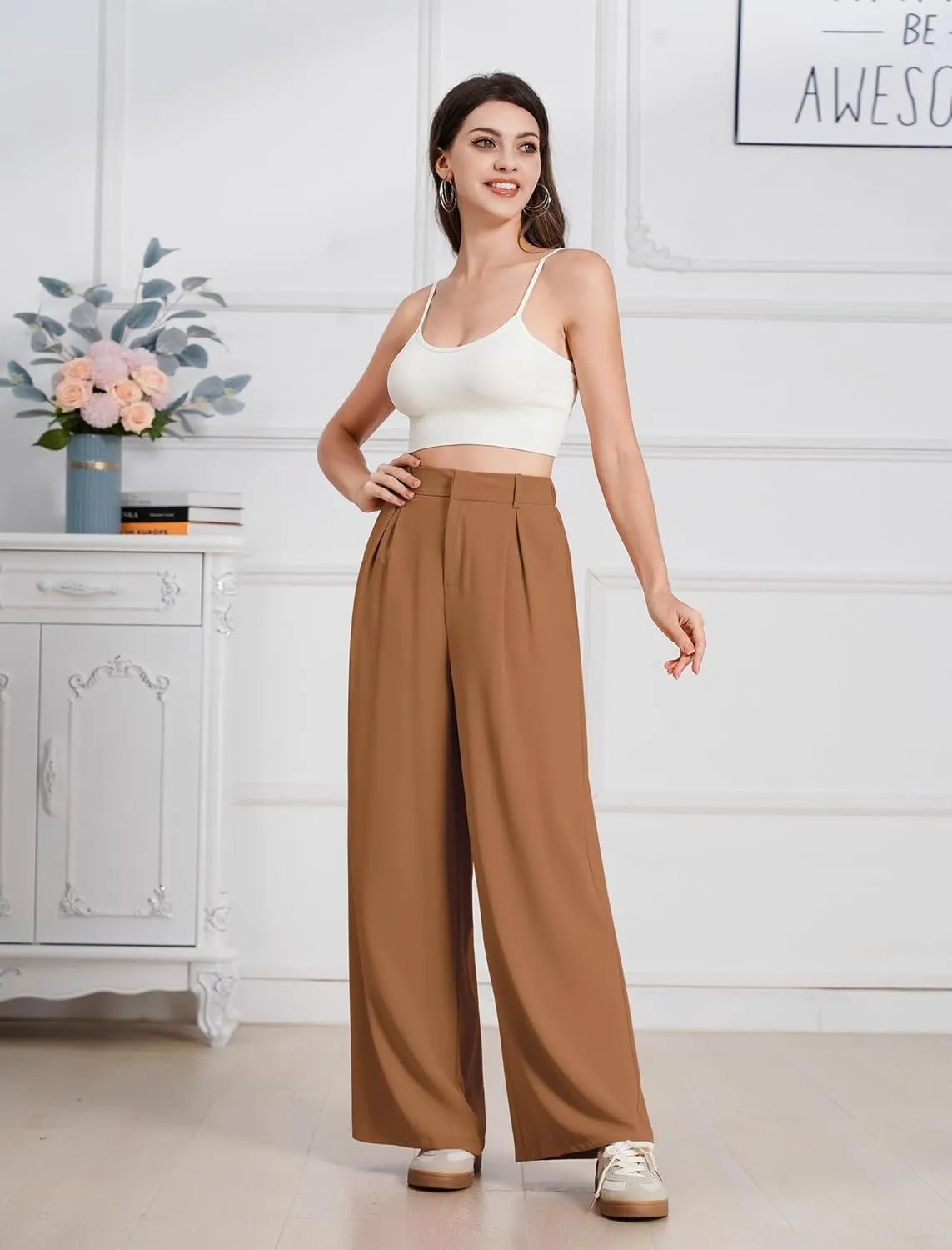 ODIZLI Women Casual Wide Leg Pants Elastic High Waist Dress Pants for Women Straight Trousers Pants