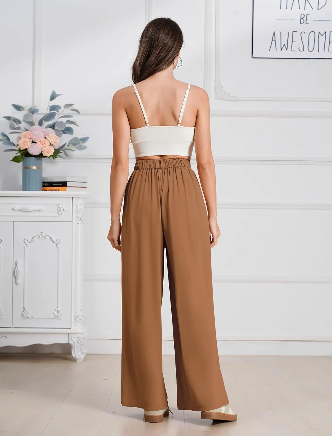 ODIZLI Women Casual Wide Leg Pants Elastic High Waist Dress Pants for Women Straight Trousers Pants