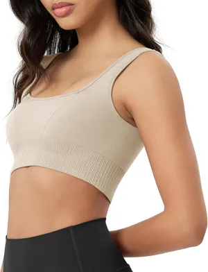 ODODOS Seamless Square Neck Sports Bra for Women Ribbed Crop Tank Casual Low Back Cropped Tops