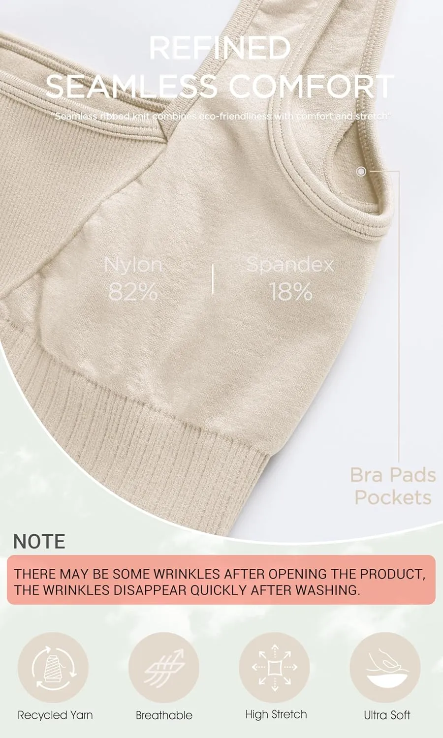 ODODOS Seamless Square Neck Sports Bra for Women Ribbed Crop Tank Casual Low Back Cropped Tops