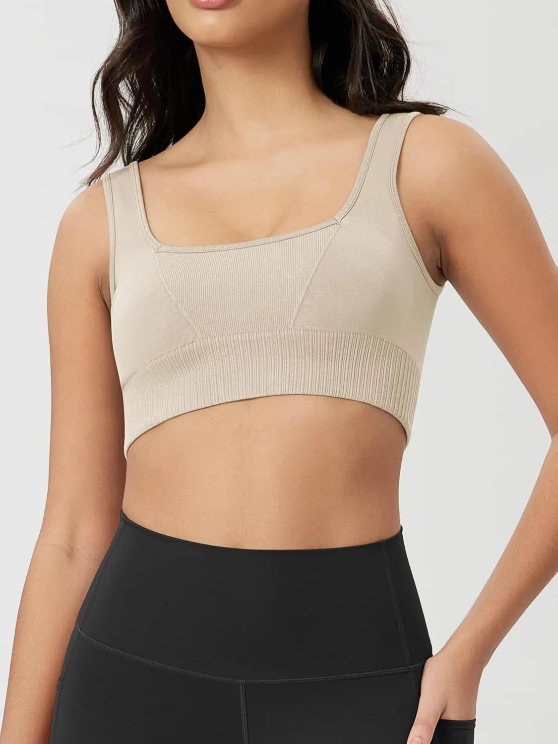 ODODOS Seamless Square Neck Sports Bra for Women Ribbed Crop Tank Casual Low Back Cropped Tops