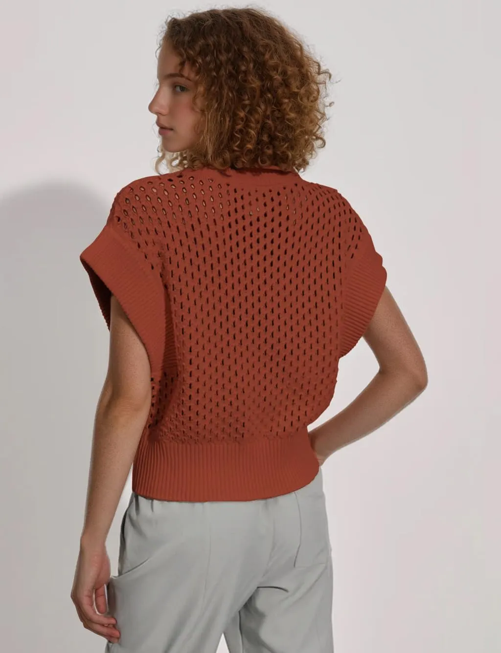 Oversized Hollow Knit Sweater Vest for Women Casual Half-Zip Cap Sleeve Crochet Knit Tank Tops