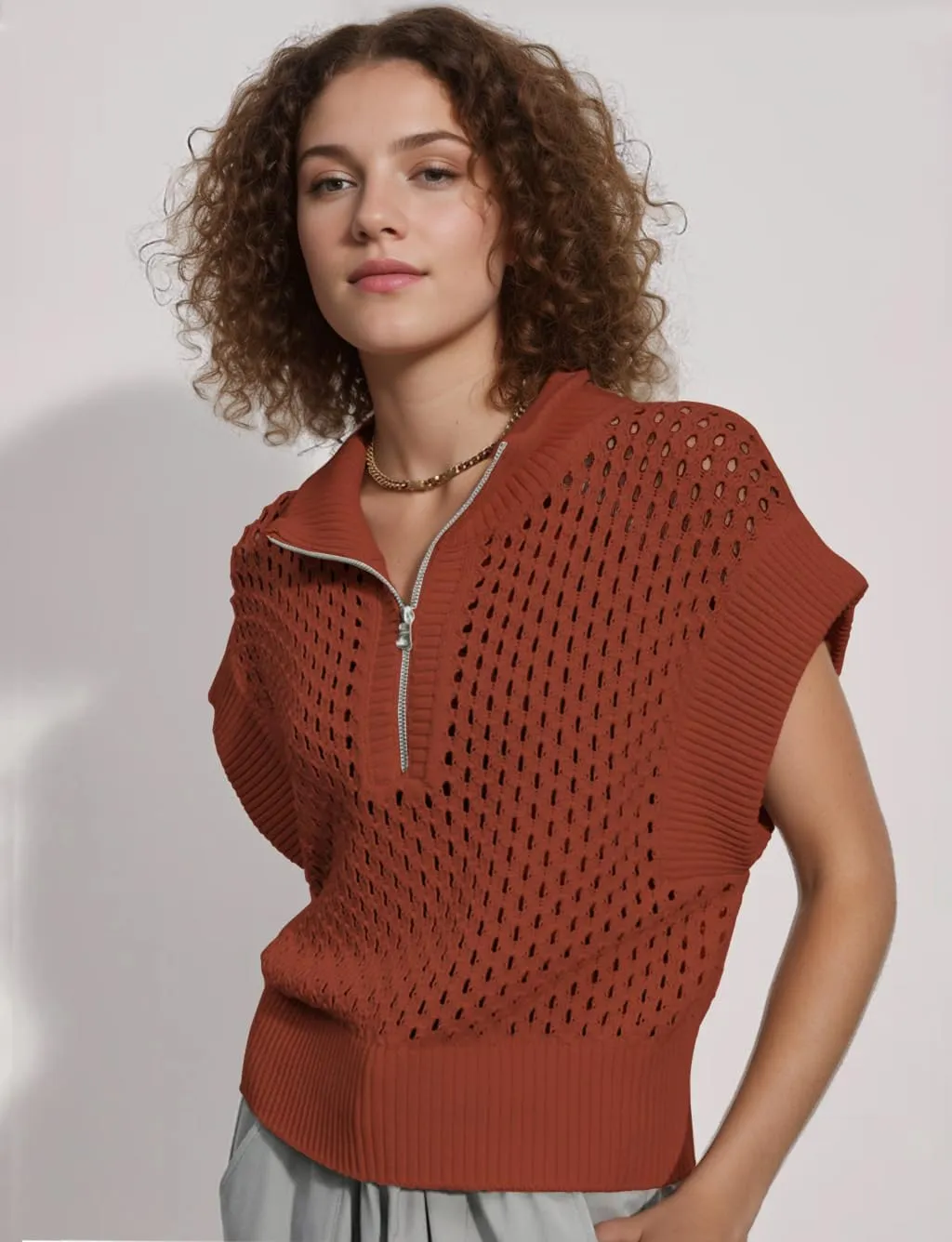 Oversized Hollow Knit Sweater Vest for Women Casual Half-Zip Cap Sleeve Crochet Knit Tank Tops