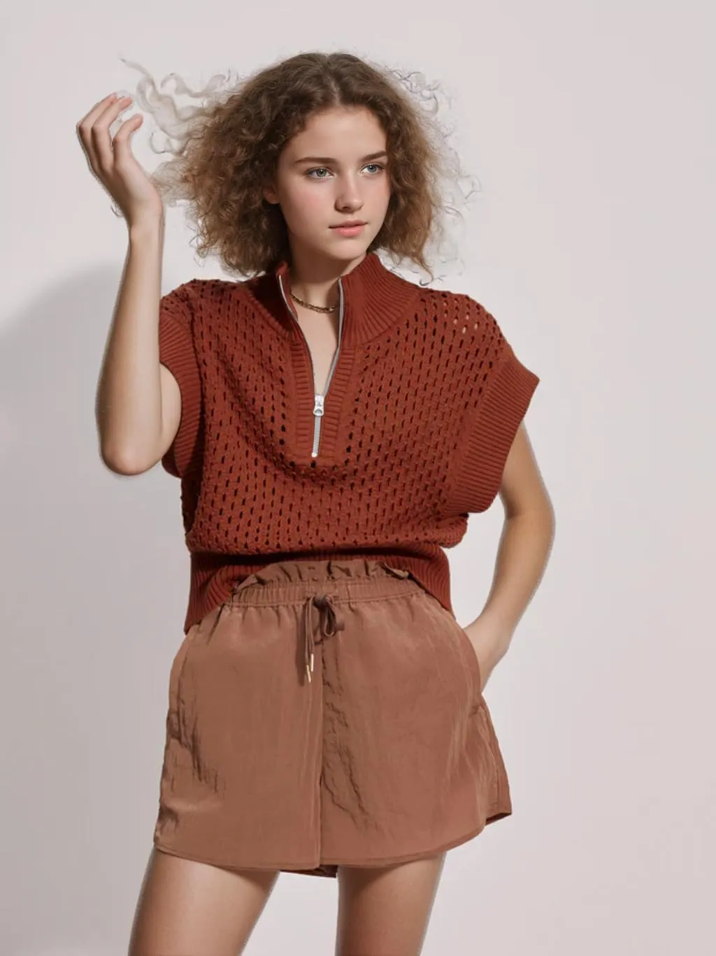 Oversized Hollow Knit Sweater Vest for Women Casual Half-Zip Cap Sleeve Crochet Knit Tank Tops