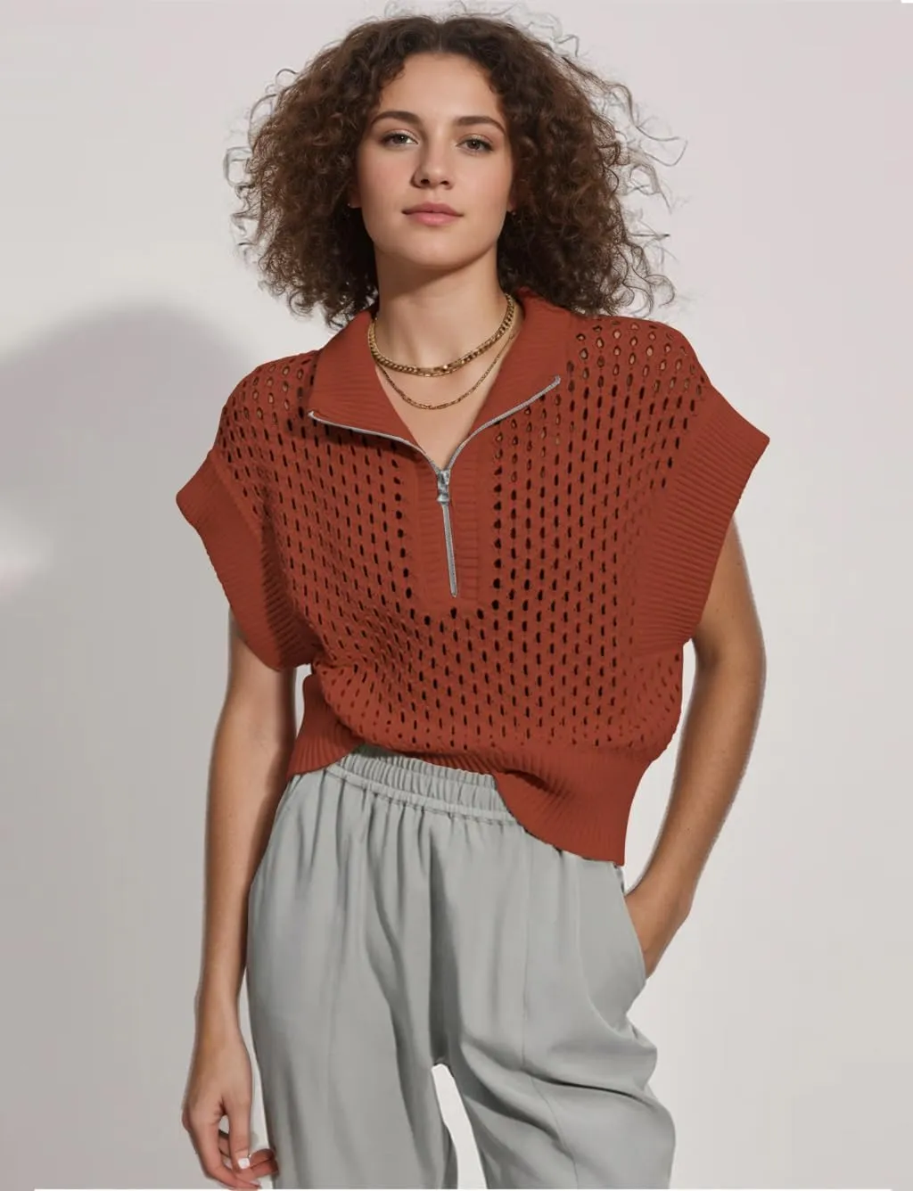 Oversized Hollow Knit Sweater Vest for Women Casual Half-Zip Cap Sleeve Crochet Knit Tank Tops