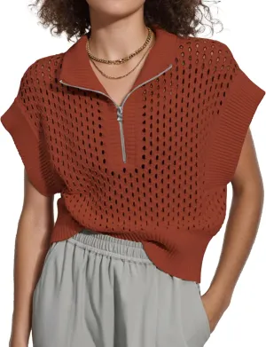 Oversized Hollow Knit Sweater Vest for Women Casual Half-Zip Cap Sleeve Crochet Knit Tank Tops