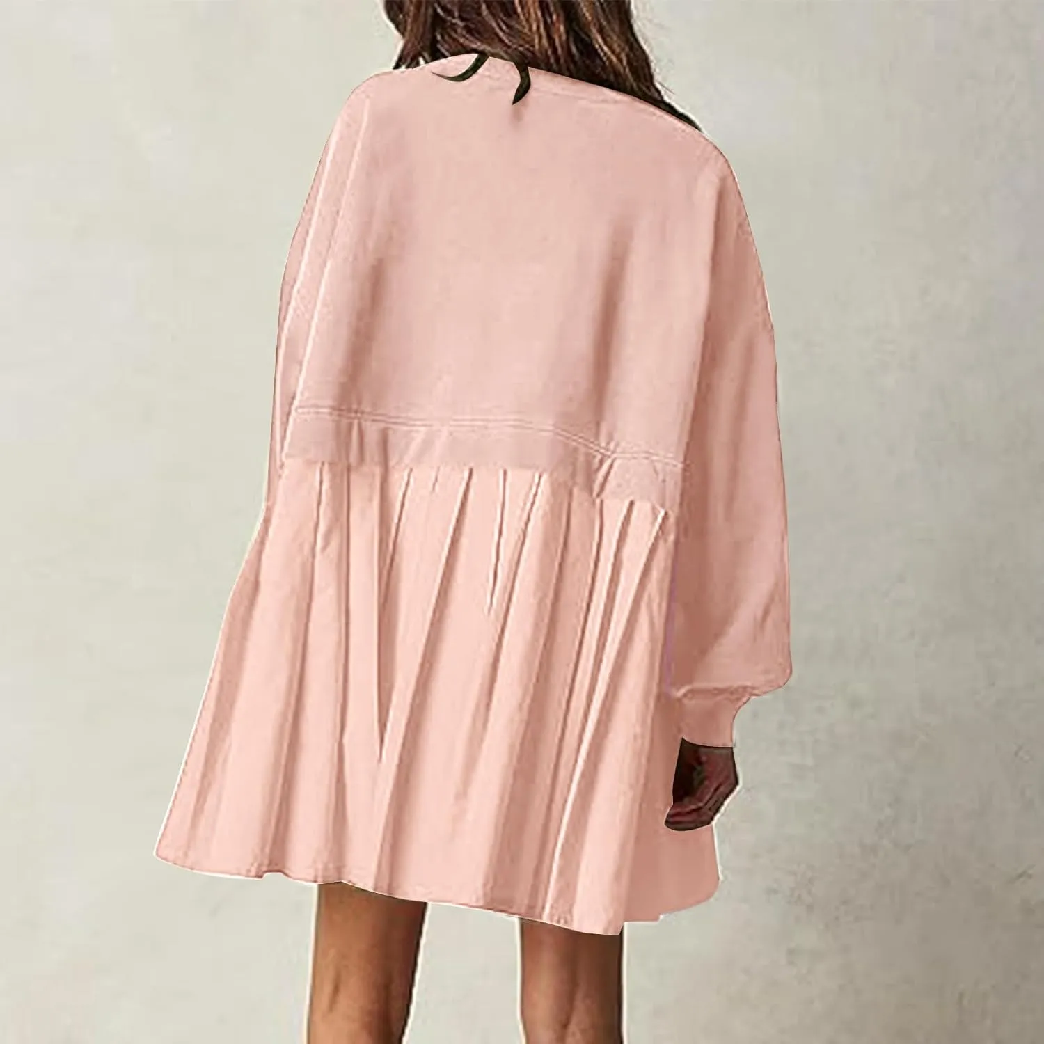 Oversized Sweatshirt Dress for Women Long Sleeve Patchwork Crewneck Pullover Loose Flowy Pleated Tops Mini Dress