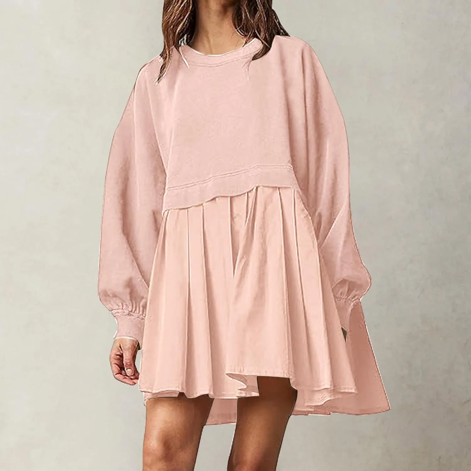 Oversized Sweatshirt Dress for Women Long Sleeve Patchwork Crewneck Pullover Loose Flowy Pleated Tops Mini Dress