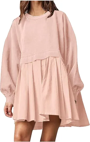 Oversized Sweatshirt Dress for Women Long Sleeve Patchwork Crewneck Pullover Loose Flowy Pleated Tops Mini Dress