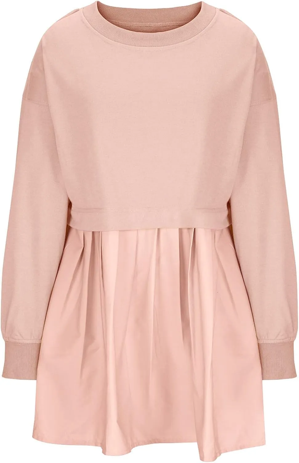 Oversized Sweatshirt Dress for Women Long Sleeve Patchwork Crewneck Pullover Loose Flowy Pleated Tops Mini Dress