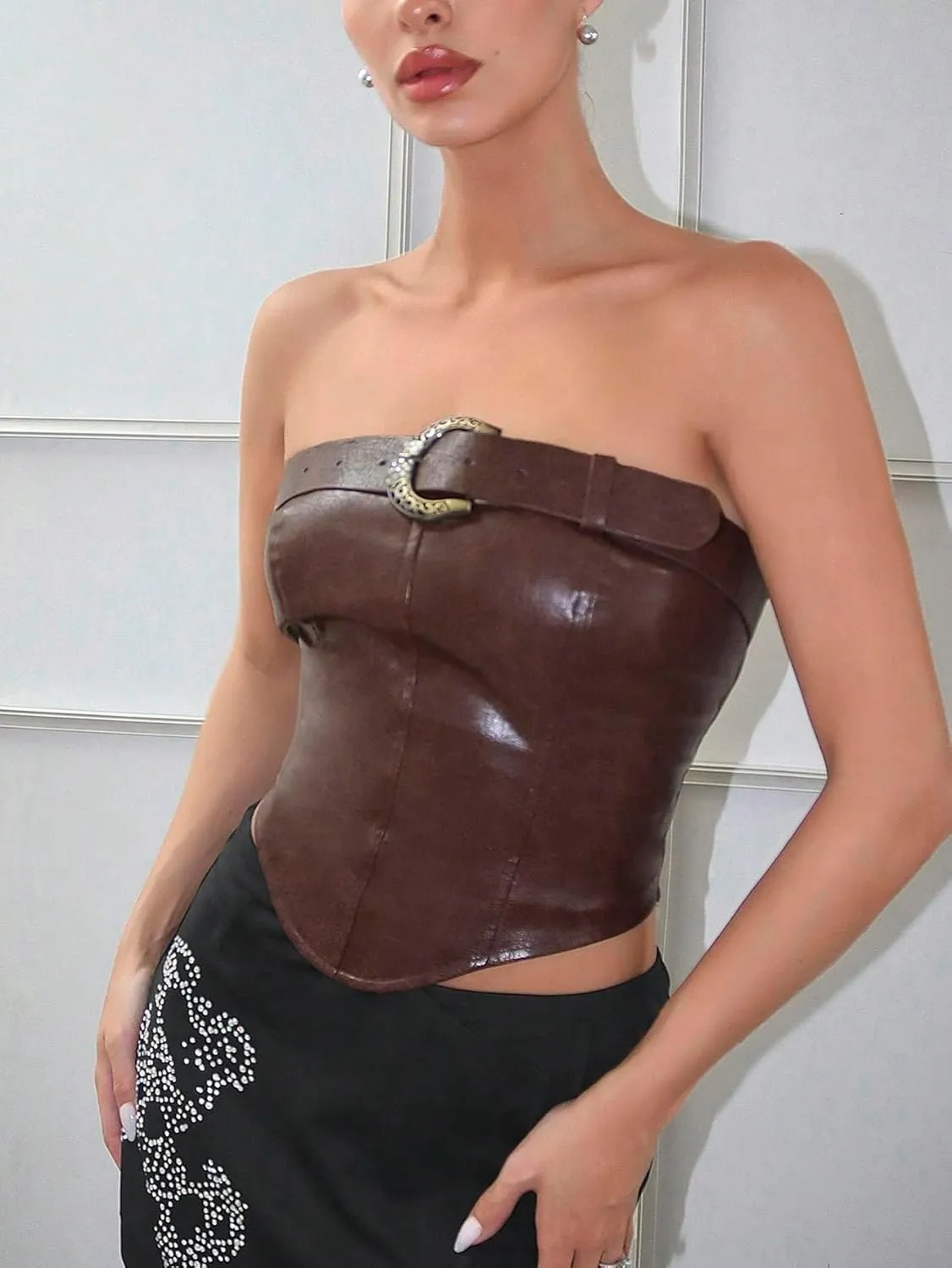OYOANGLE Women's Buckle Detail Strapless Tube Top Asymmetrical Hem Pu Leather Crop Tank Tops