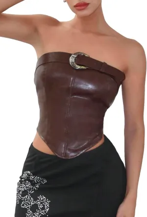OYOANGLE Women's Buckle Detail Strapless Tube Top Asymmetrical Hem Pu Leather Crop Tank Tops