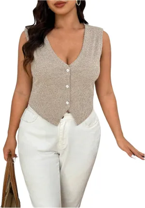 OYOANGLE Women's Plus Size Button Front Rib Knit Vest Tank Top Slit Hem Sleeveless Dressy Tops
