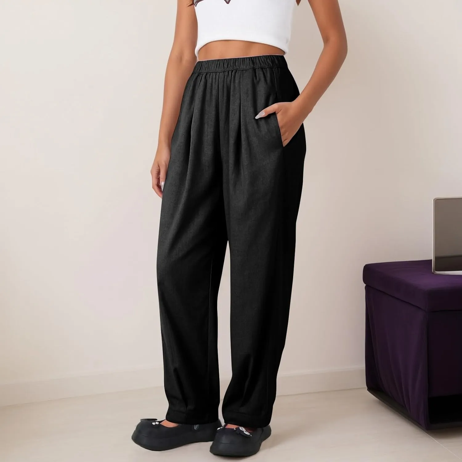 Pants for Women Women's Autumn Fashion Solid Color Elastic Waisted Casual Cropped Pants with Pockets 2024