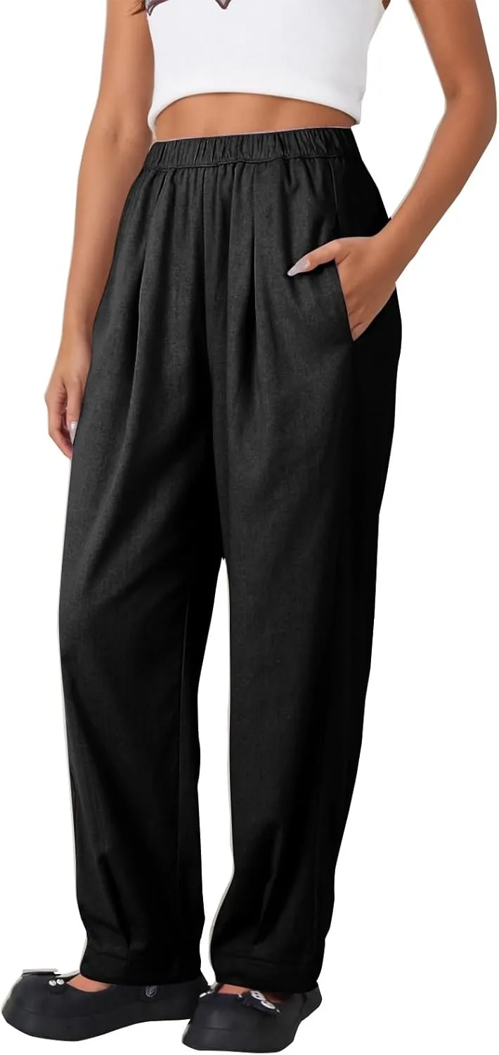 Pants for Women Women's Autumn Fashion Solid Color Elastic Waisted Casual Cropped Pants with Pockets 2024