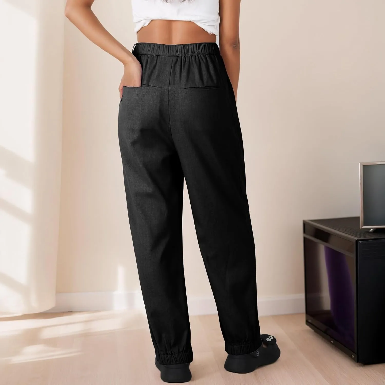Pants for Women Women's Autumn Fashion Solid Color Elastic Waisted Casual Cropped Pants with Pockets 2024