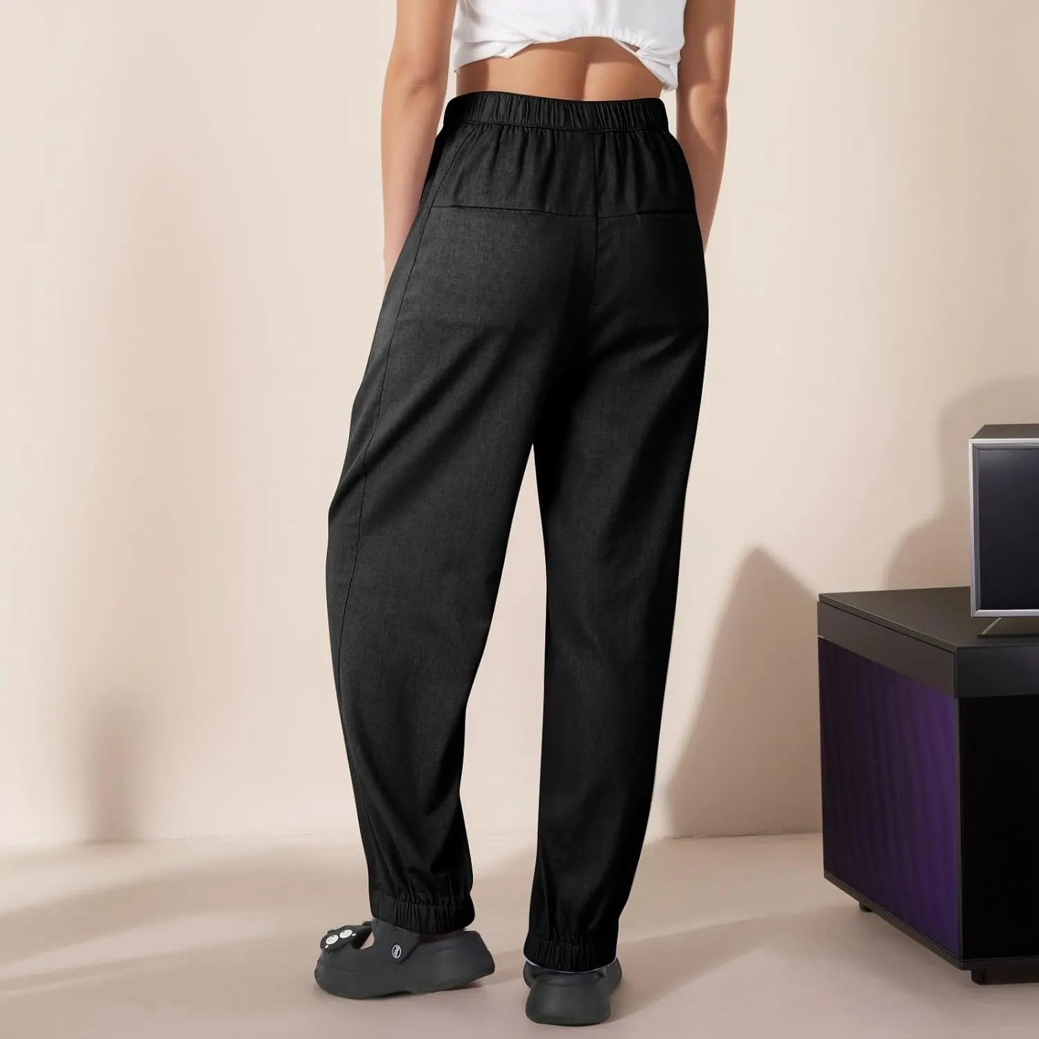 Pants for Women Women's Autumn Fashion Solid Color Elastic Waisted Casual Cropped Pants with Pockets 2024